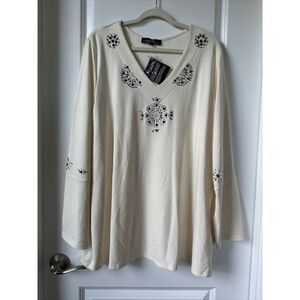NWT Joan Boyce Long Sleeve Top Womens 2X Ivory Embellished Chic HSN Pullover